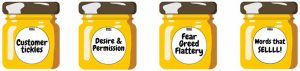 Four honey jars with Sticky Words copywriting skills on the labels